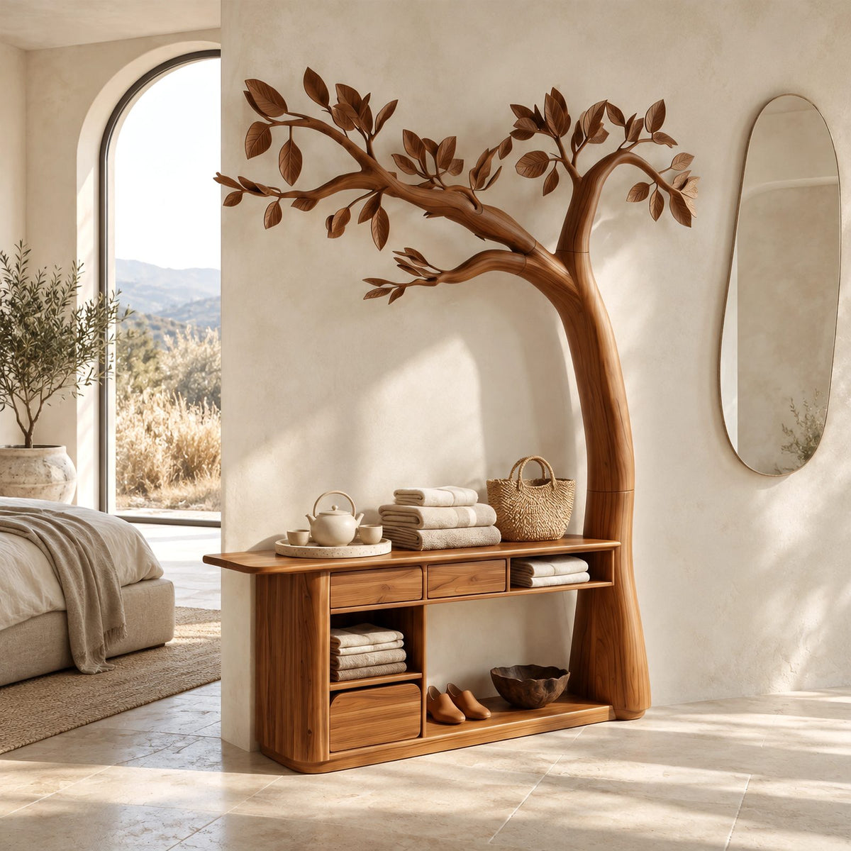 Artisan Carved Tree Dressing Console With Storage Drawers For Bedroom