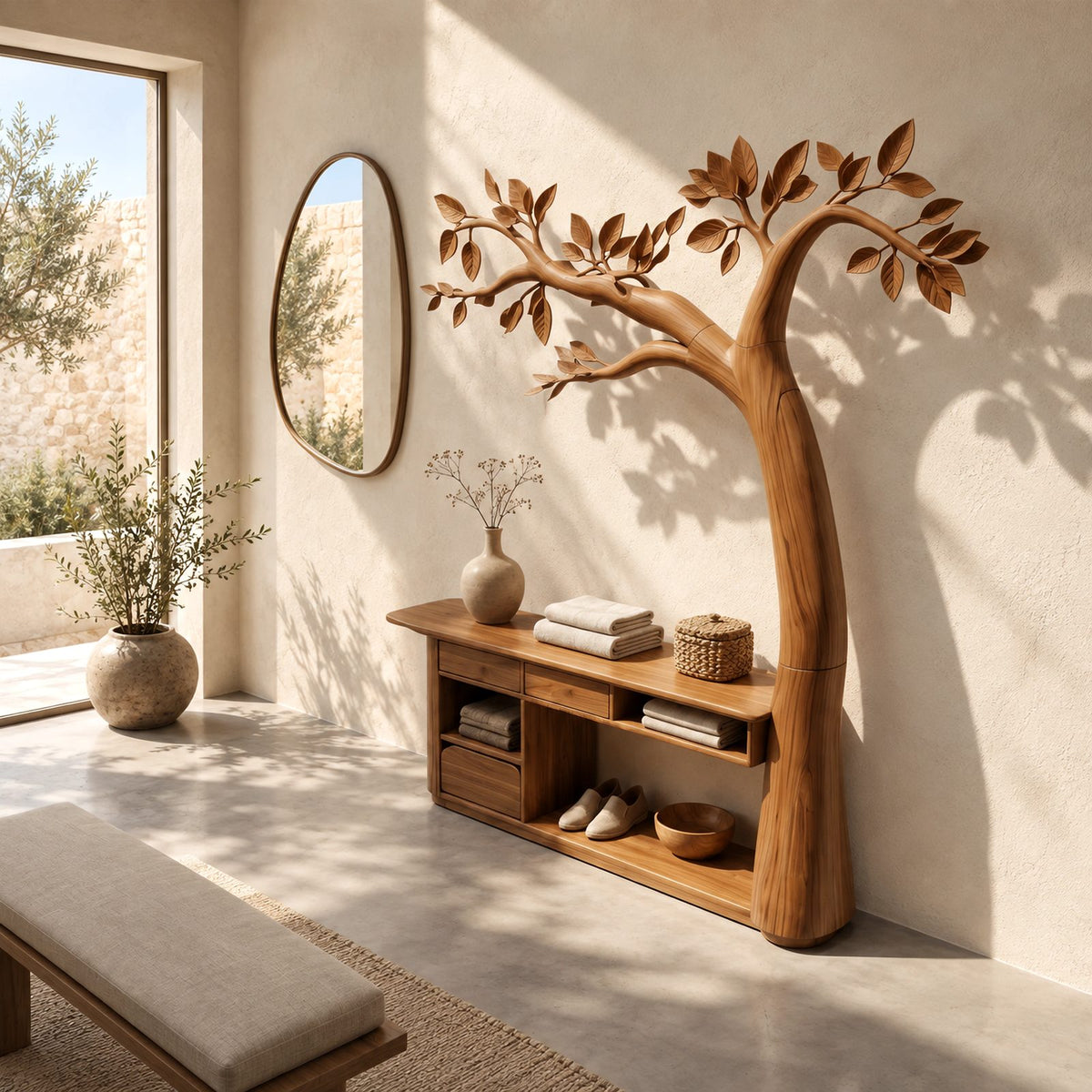 Artisan Carved Tree Dressing Console With Storage Drawers For Bedroom