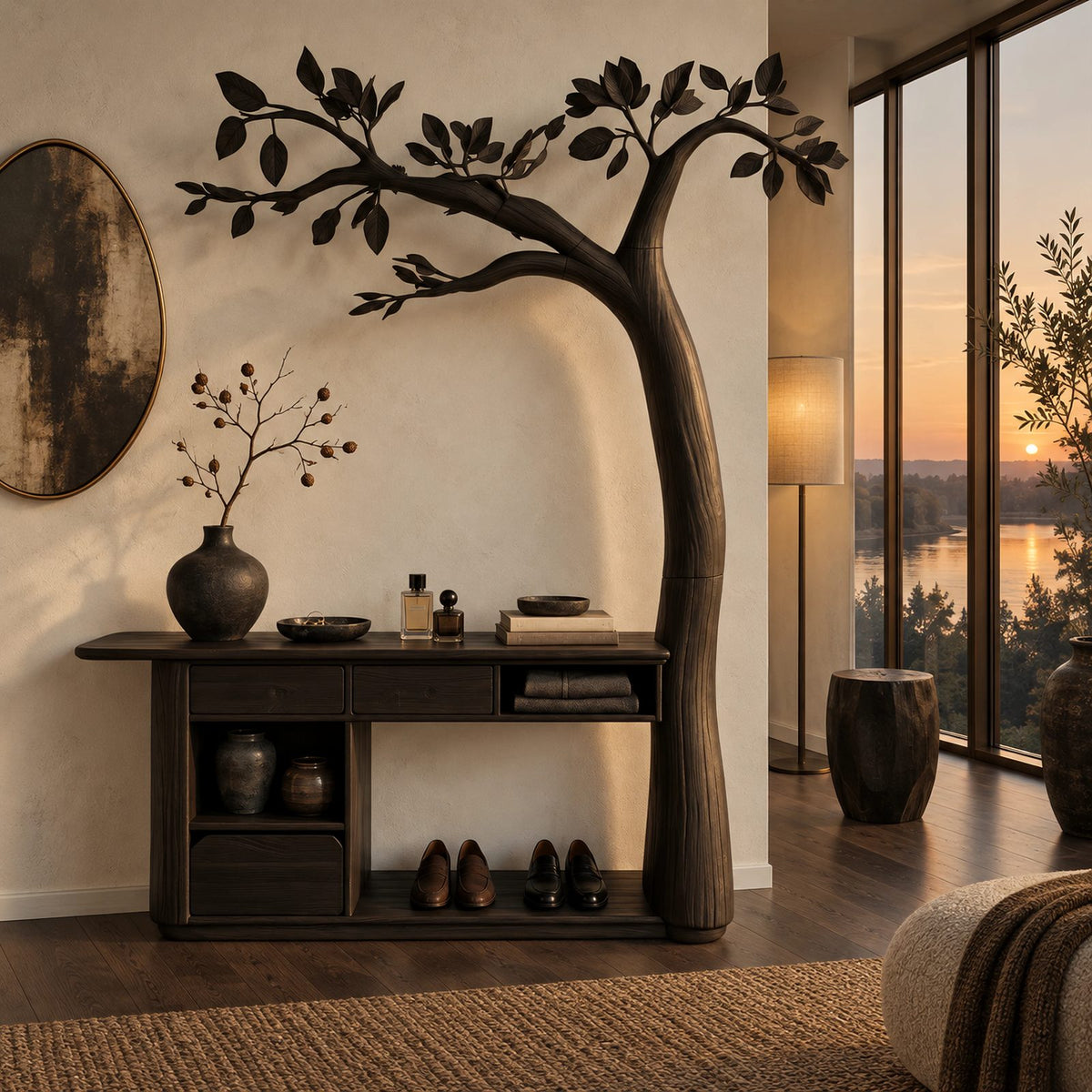 Artisan Carved Tree Dressing Console With Storage Drawers For Bedroom
