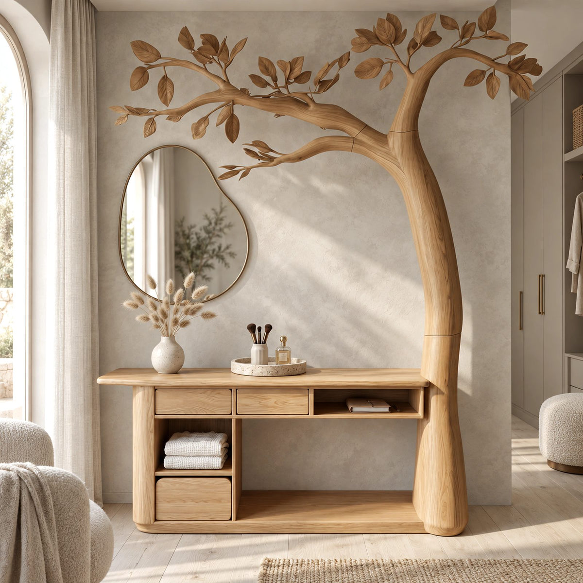 Artisan Carved Tree Dressing Console With Storage Drawers For Bedroom