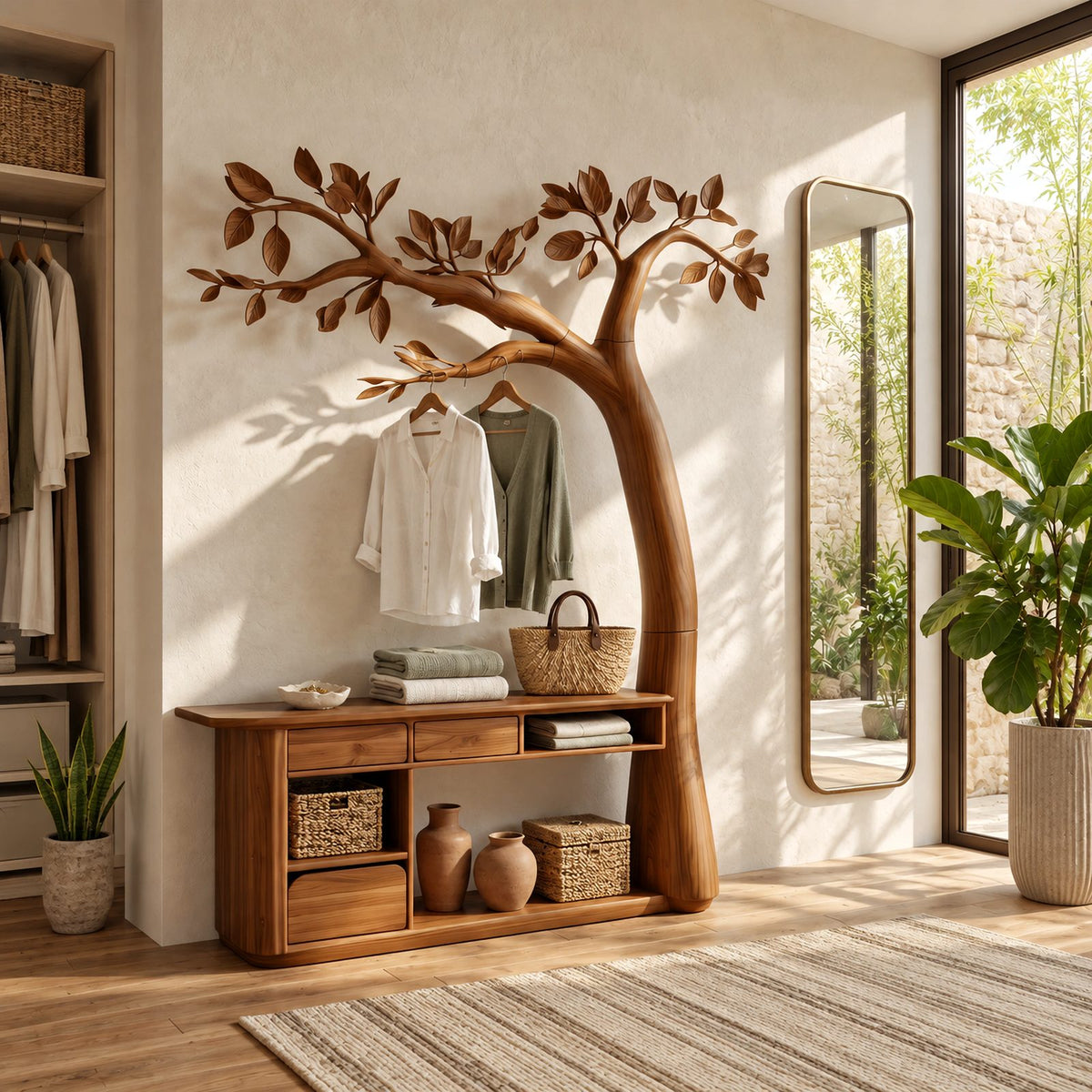 Artisan Carved Tree Dressing Console With Storage Drawers For Bedroom