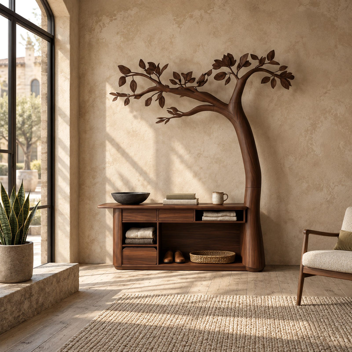 Artisan Carved Tree Dressing Console With Storage Drawers For Bedroom