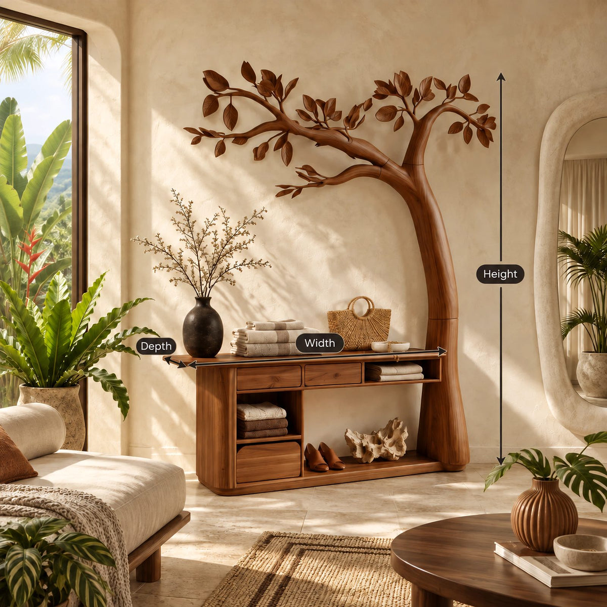 Artisan Carved Tree Dressing Console With Storage Drawers For Bedroom