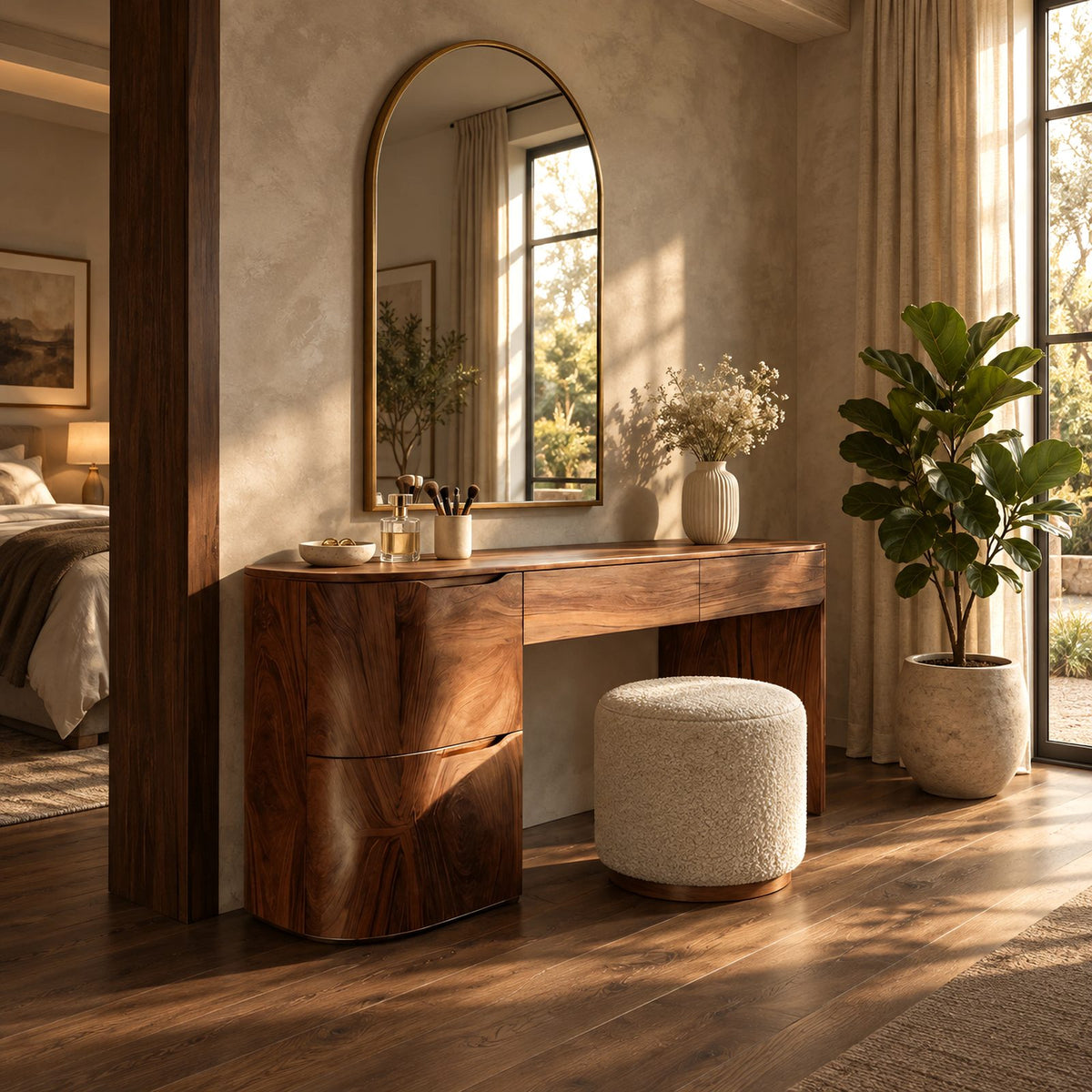 Elegant Curved Pedestal Makeup Vanity With 2 Drawers For Bedroom