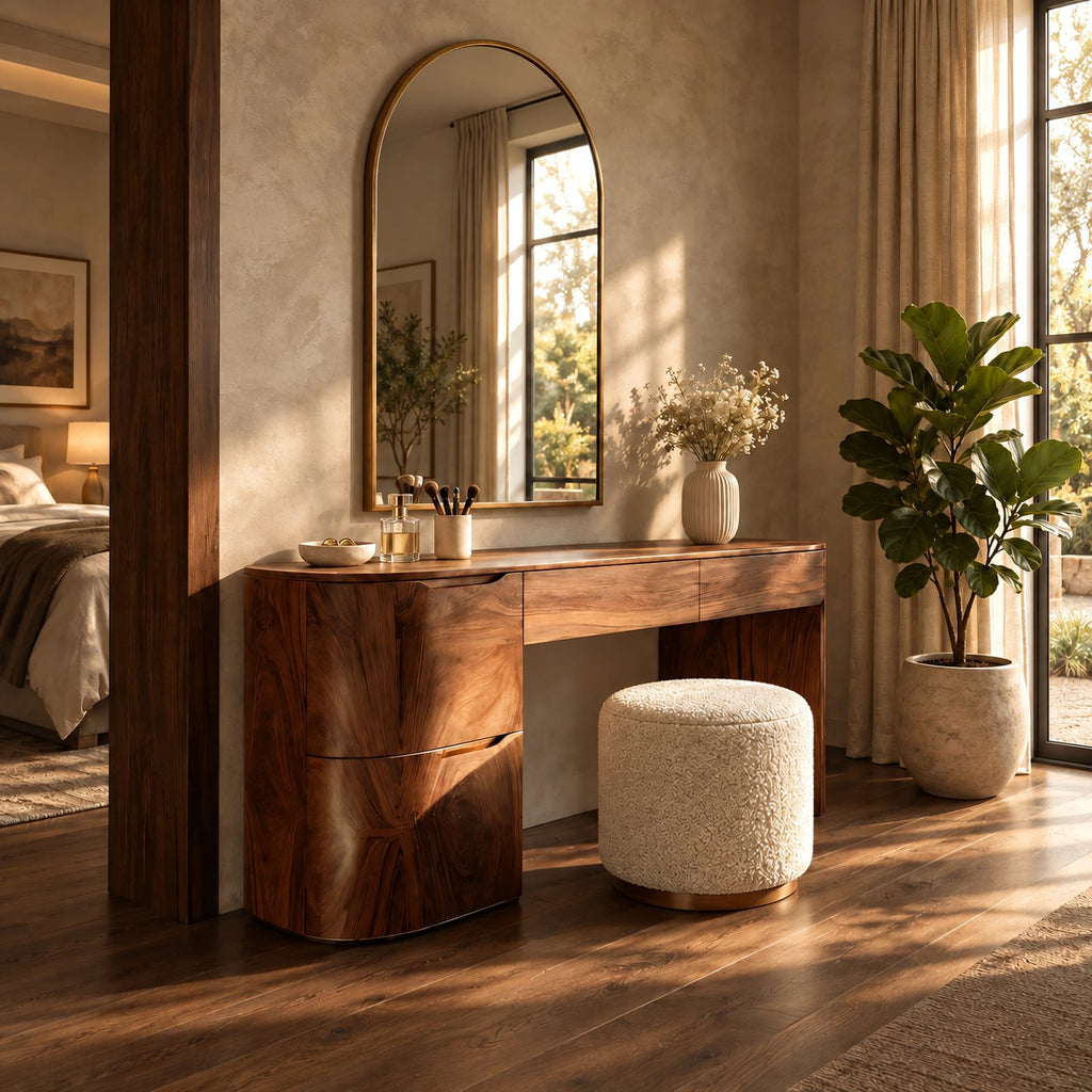 Elegant Curved Pedestal Makeup Vanity With 2 Drawers For Bedroom