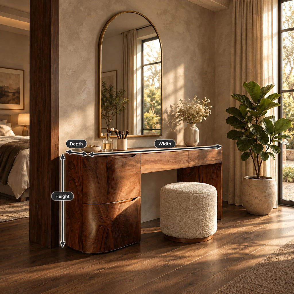 Elegant Curved Pedestal Makeup Vanity With 2 Drawers For Bedroom