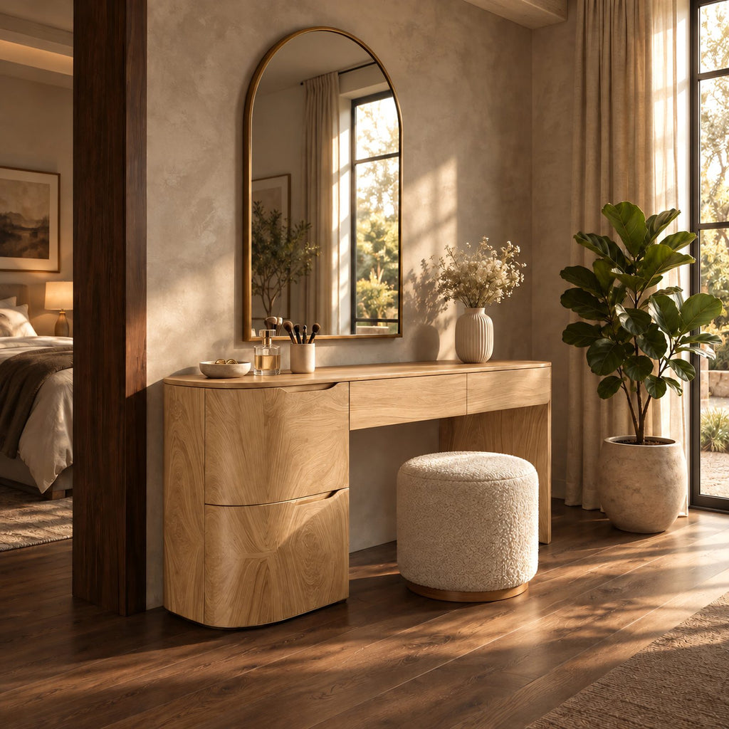 Elegant Curved Pedestal Makeup Vanity With 2 Drawers For Bedroom