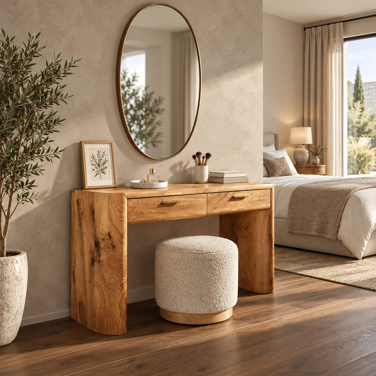 Scandinavian Rounded Waterfall Makeup Desk With Two Drawers For Bedroom