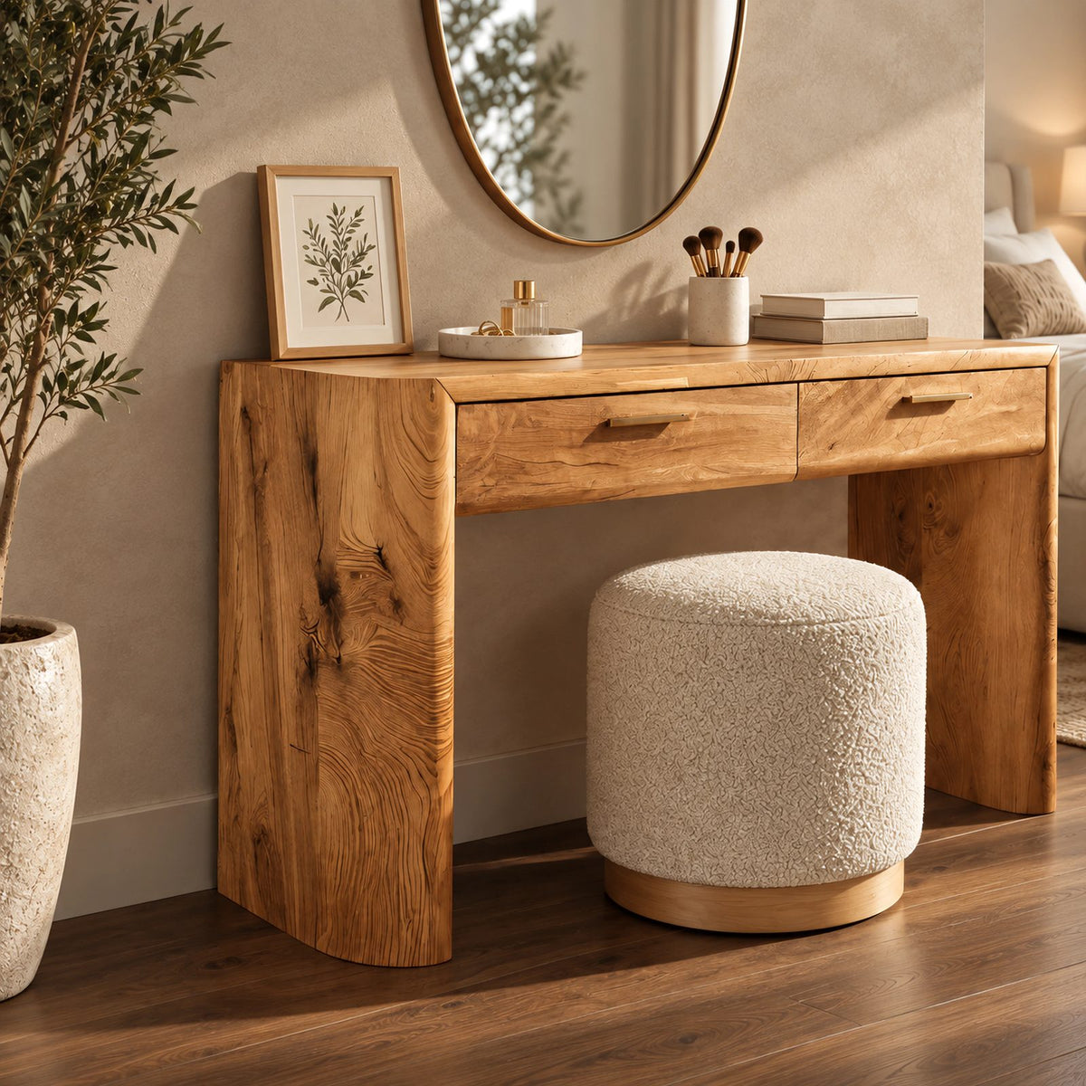Scandinavian Rounded Waterfall Makeup Desk With Two Drawers For Bedroom