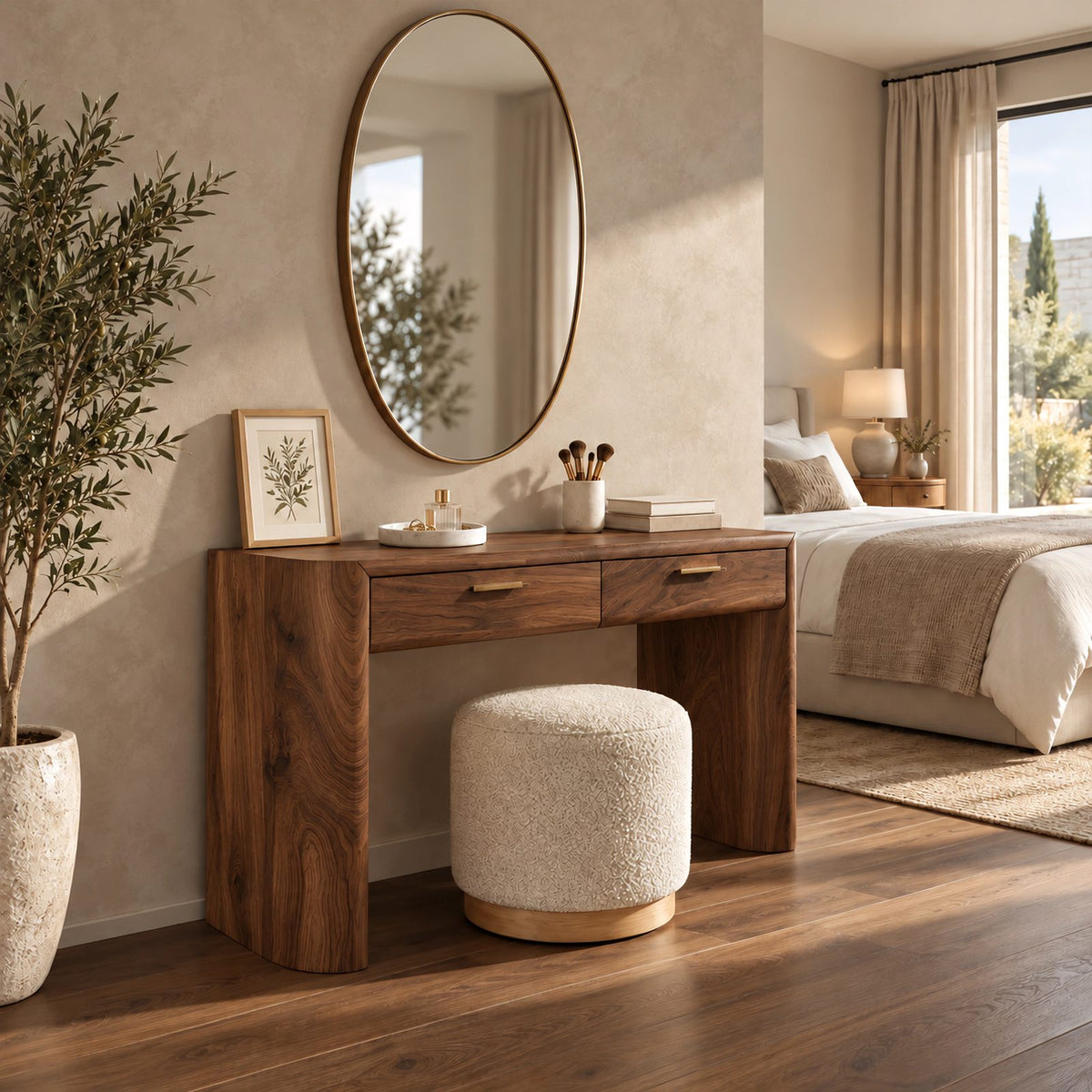 Scandinavian Rounded Waterfall Makeup Desk With Two Drawers For Bedroom