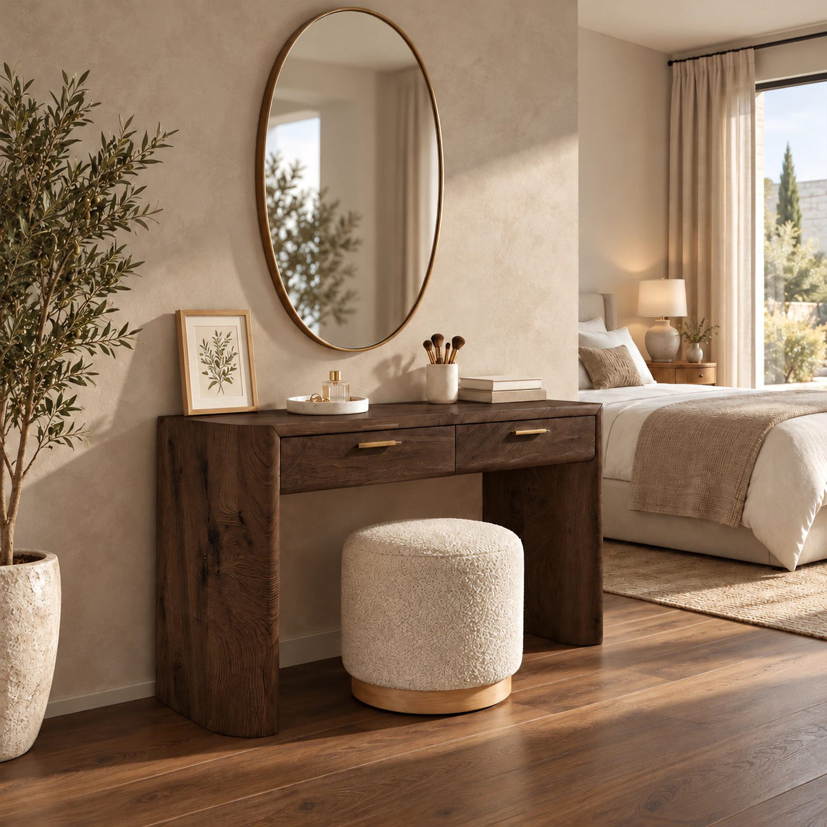 Scandinavian Rounded Waterfall Makeup Desk With Two Drawers For Bedroom