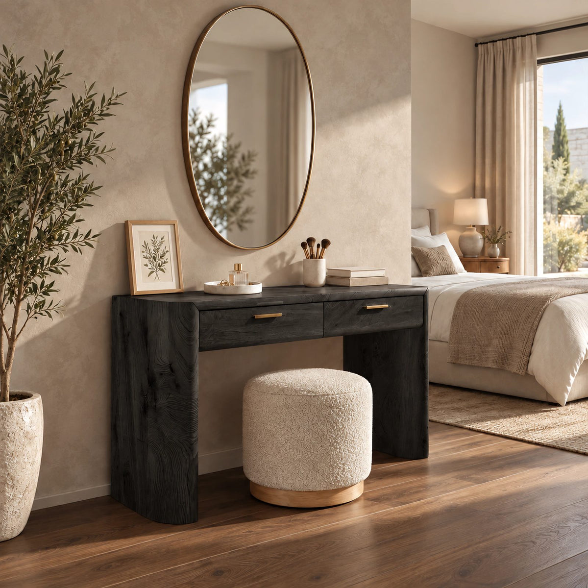 Scandinavian Rounded Waterfall Makeup Desk With Two Drawers For Bedroom
