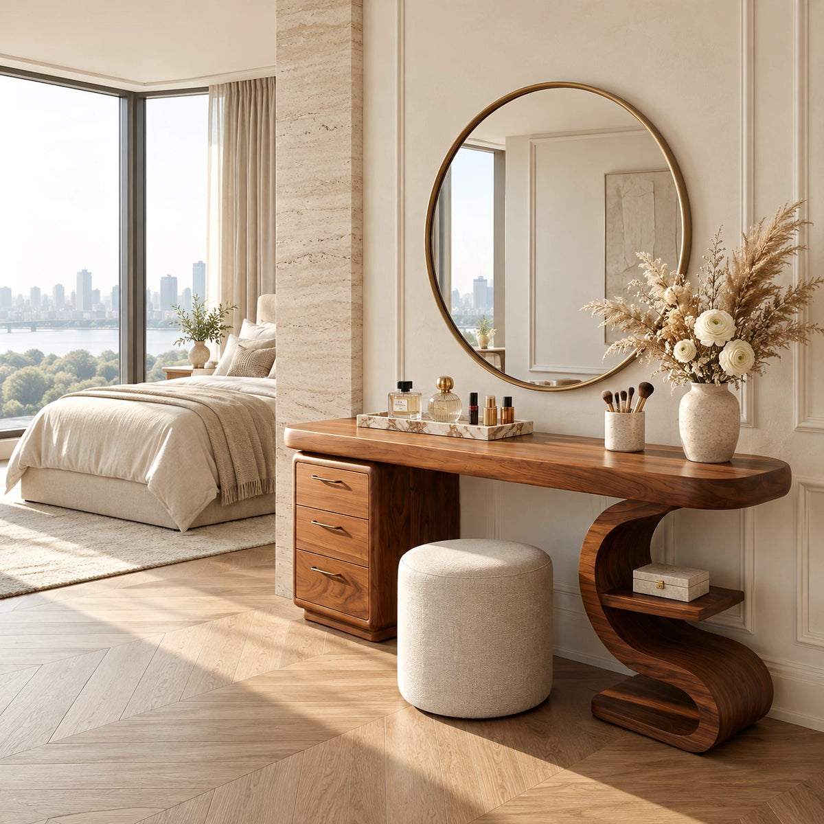 Sculptural S Curve Makeup Vanity With 3 Drawer Pedestal For Bedroom