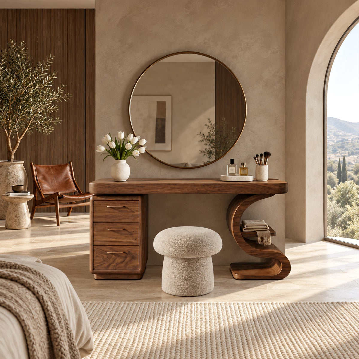 Sculptural S Curve Makeup Vanity With 3 Drawer Pedestal For Bedroom