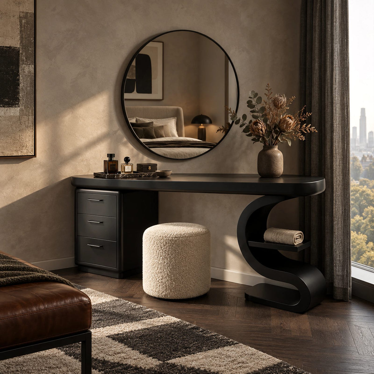 Sculptural S Curve Makeup Vanity With 3 Drawer Pedestal For Bedroom