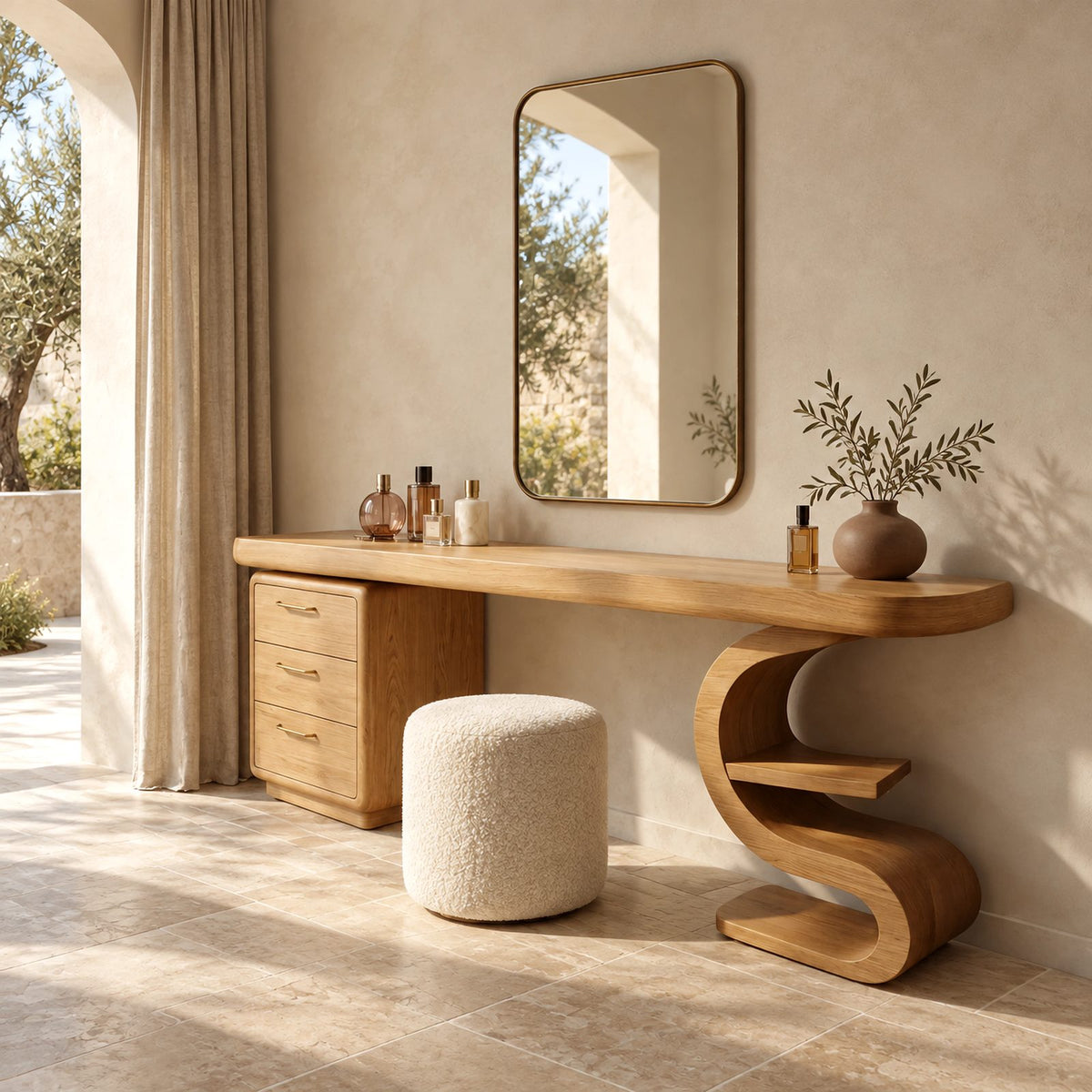 Sculptural S Curve Makeup Vanity With 3 Drawer Pedestal For Bedroom