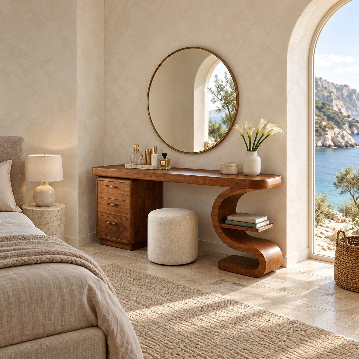Sculptural S Curve Makeup Vanity With 3 Drawer Pedestal For Bedroom