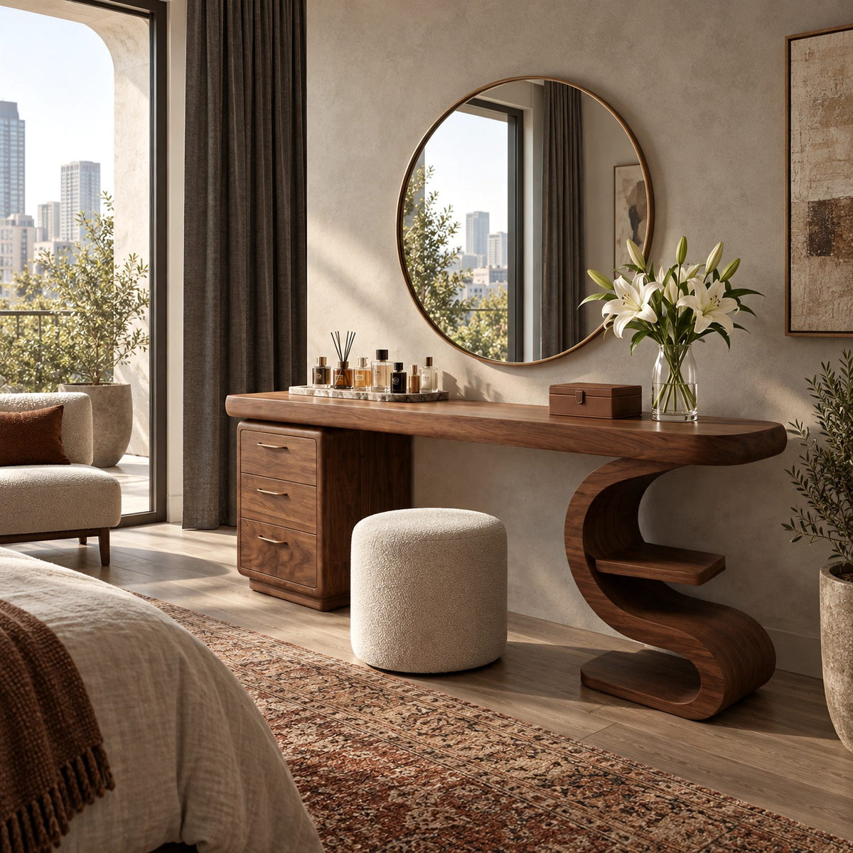 Sculptural S Curve Makeup Vanity With 3 Drawer Pedestal For Bedroom