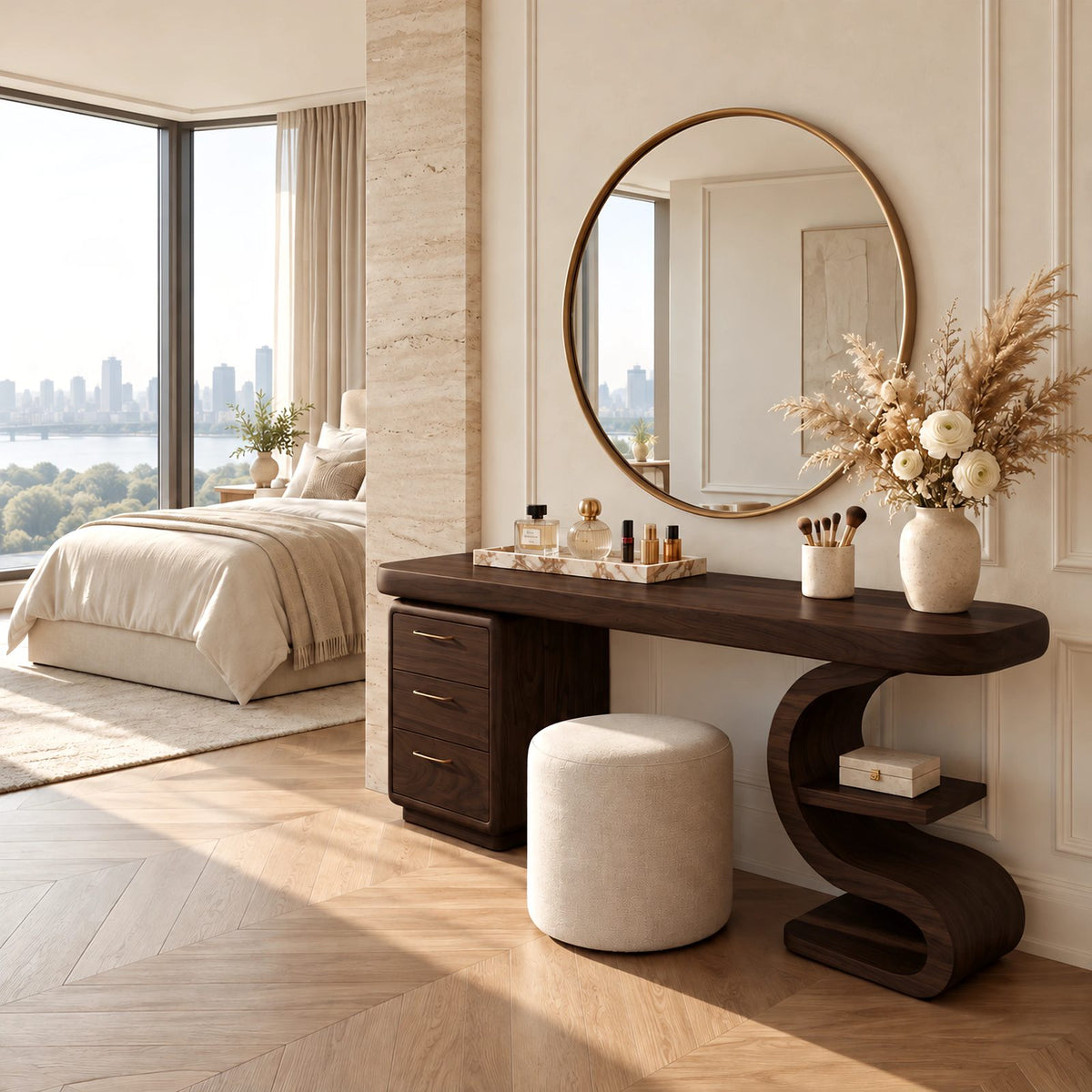 Sculptural S Curve Makeup Vanity With 3 Drawer Pedestal For Bedroom