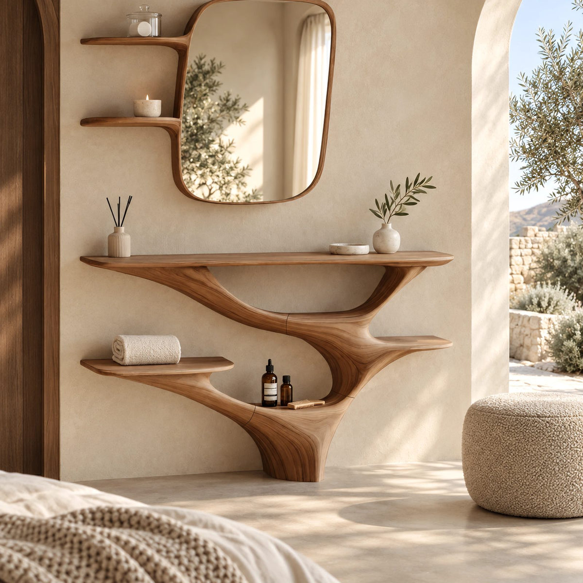 Organic Branching Wood Vanity Console With Tiered Open Shelves For Bedroom