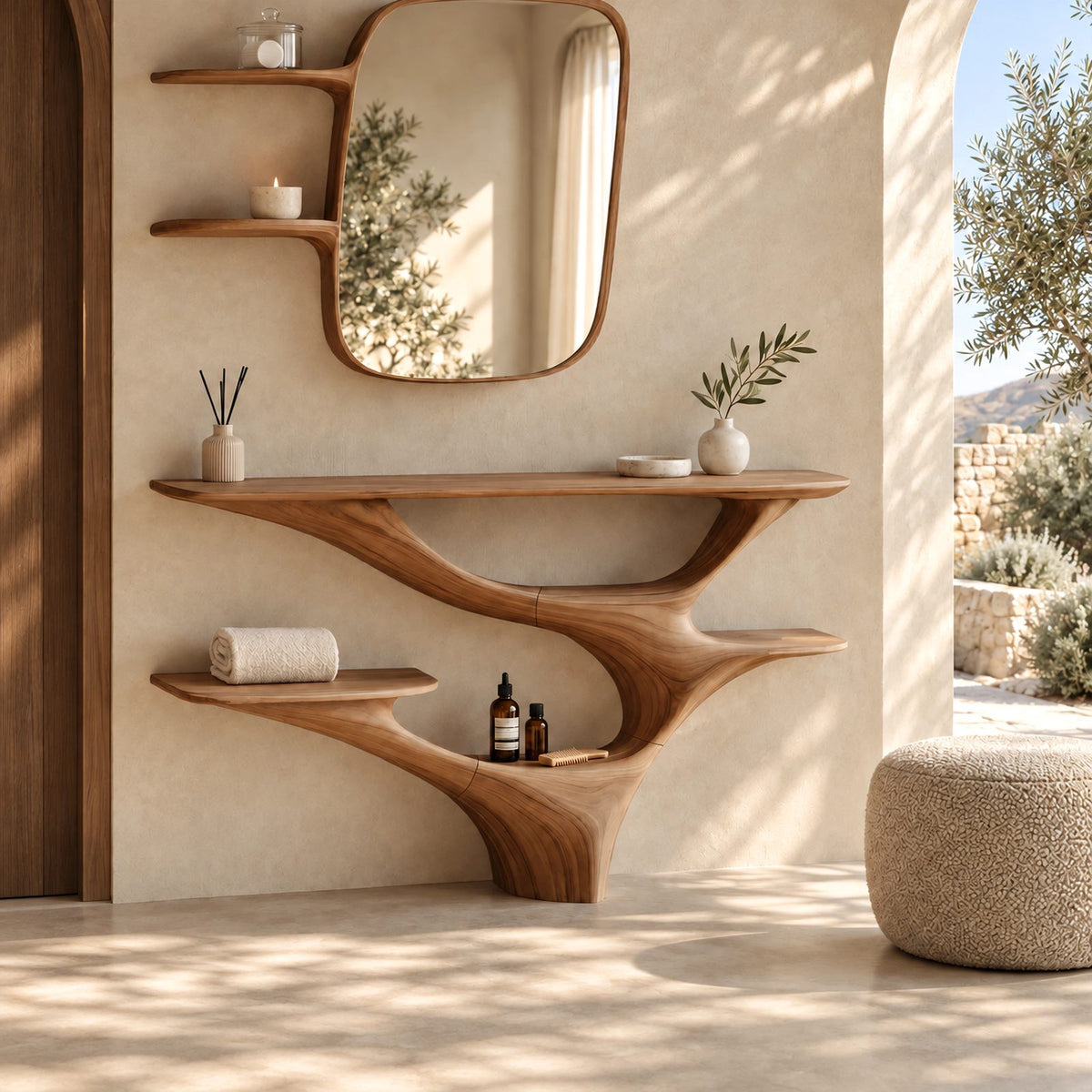 Organic Branching Wood Vanity Console With Tiered Open Shelves For Bedroom