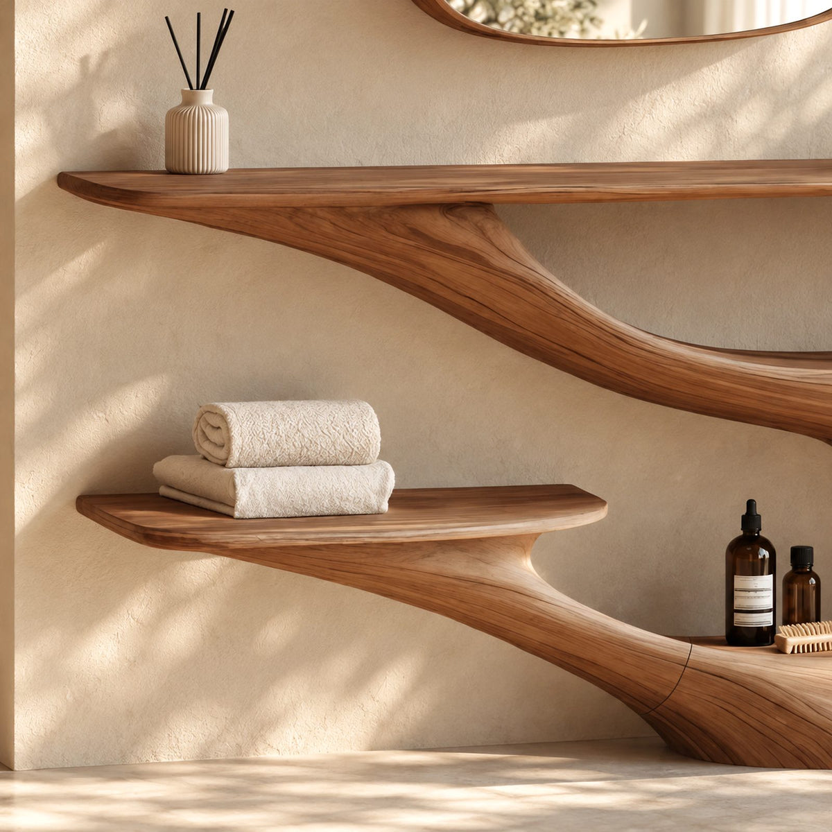 Organic Branching Wood Vanity Console With Tiered Open Shelves For Bedroom