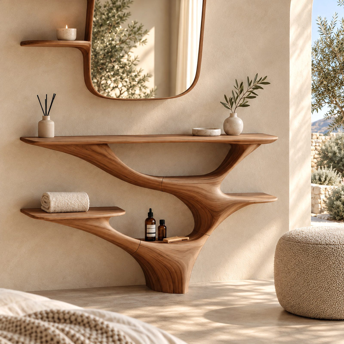 Organic Branching Wood Vanity Console With Tiered Open Shelves For Bedroom