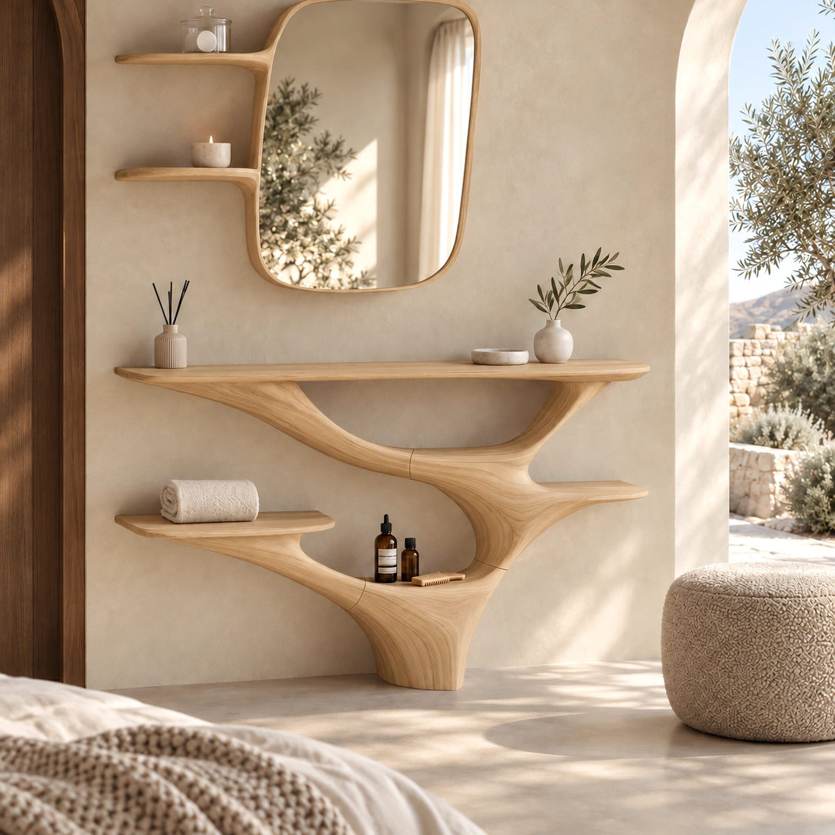 Organic Branching Wood Vanity Console With Tiered Open Shelves For Bedroom
