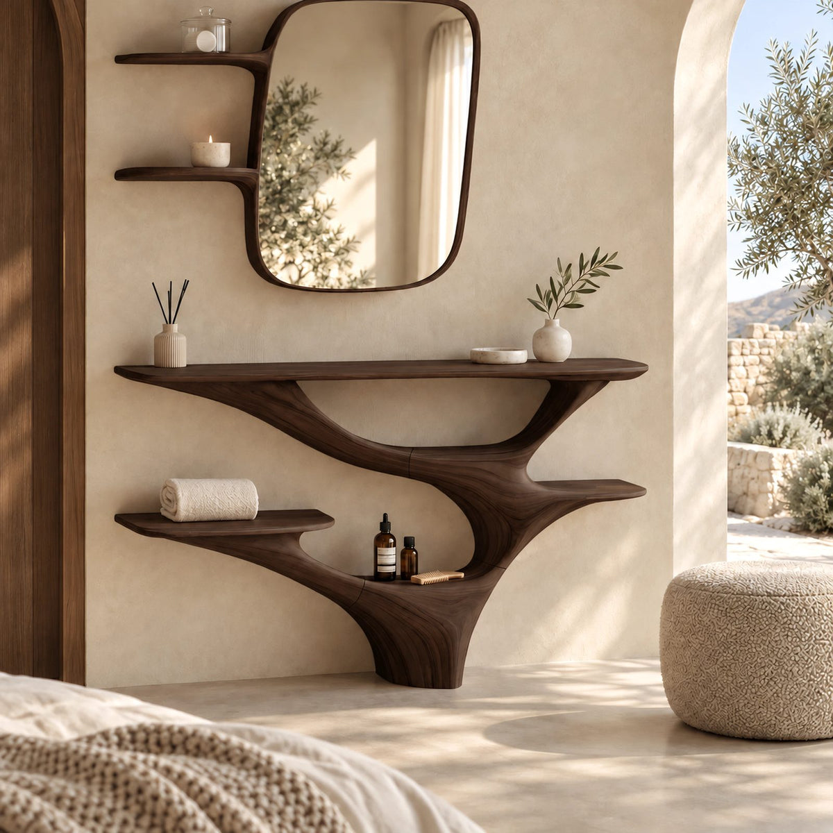 Organic Branching Wood Vanity Console With Tiered Open Shelves For Bedroom