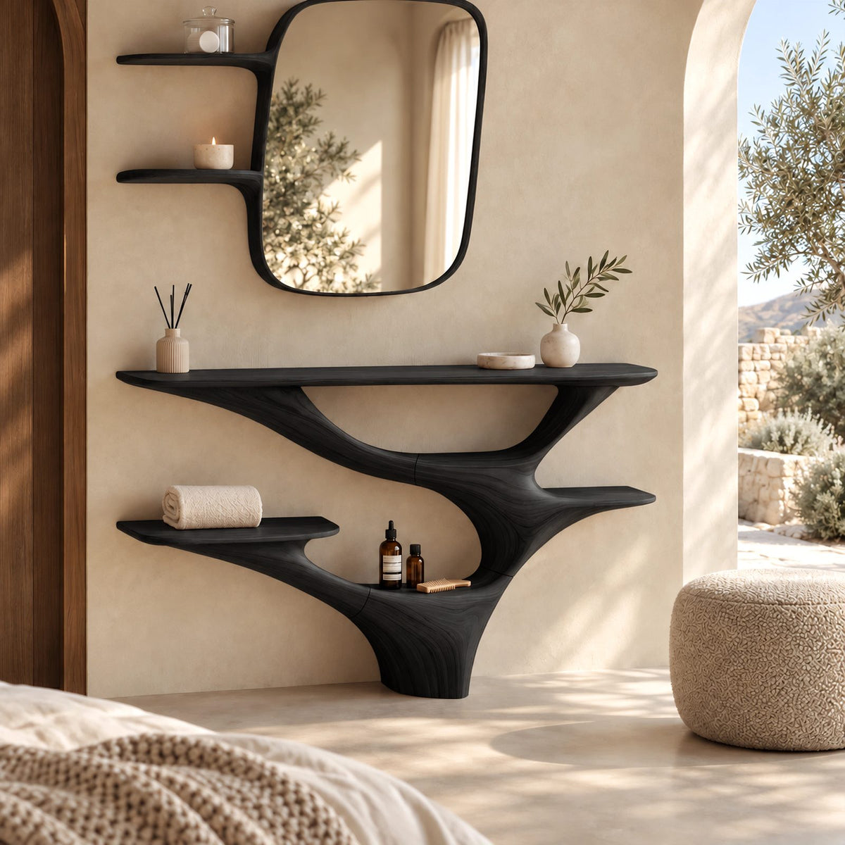 Organic Branching Wood Vanity Console With Tiered Open Shelves For Bedroom