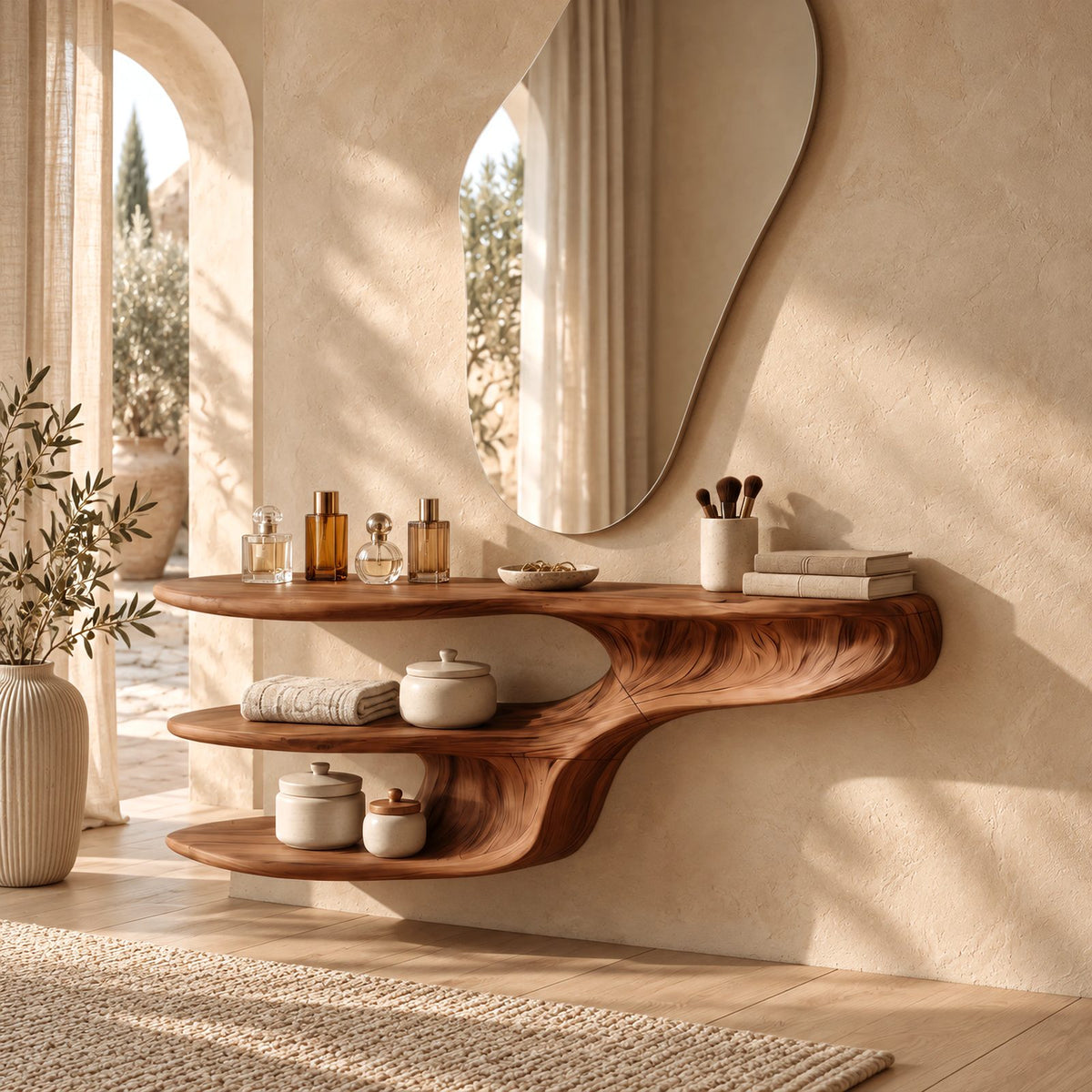 Freeform Wall Mounted Makeup Vanity With 2 Lower Shelves For Bedroom