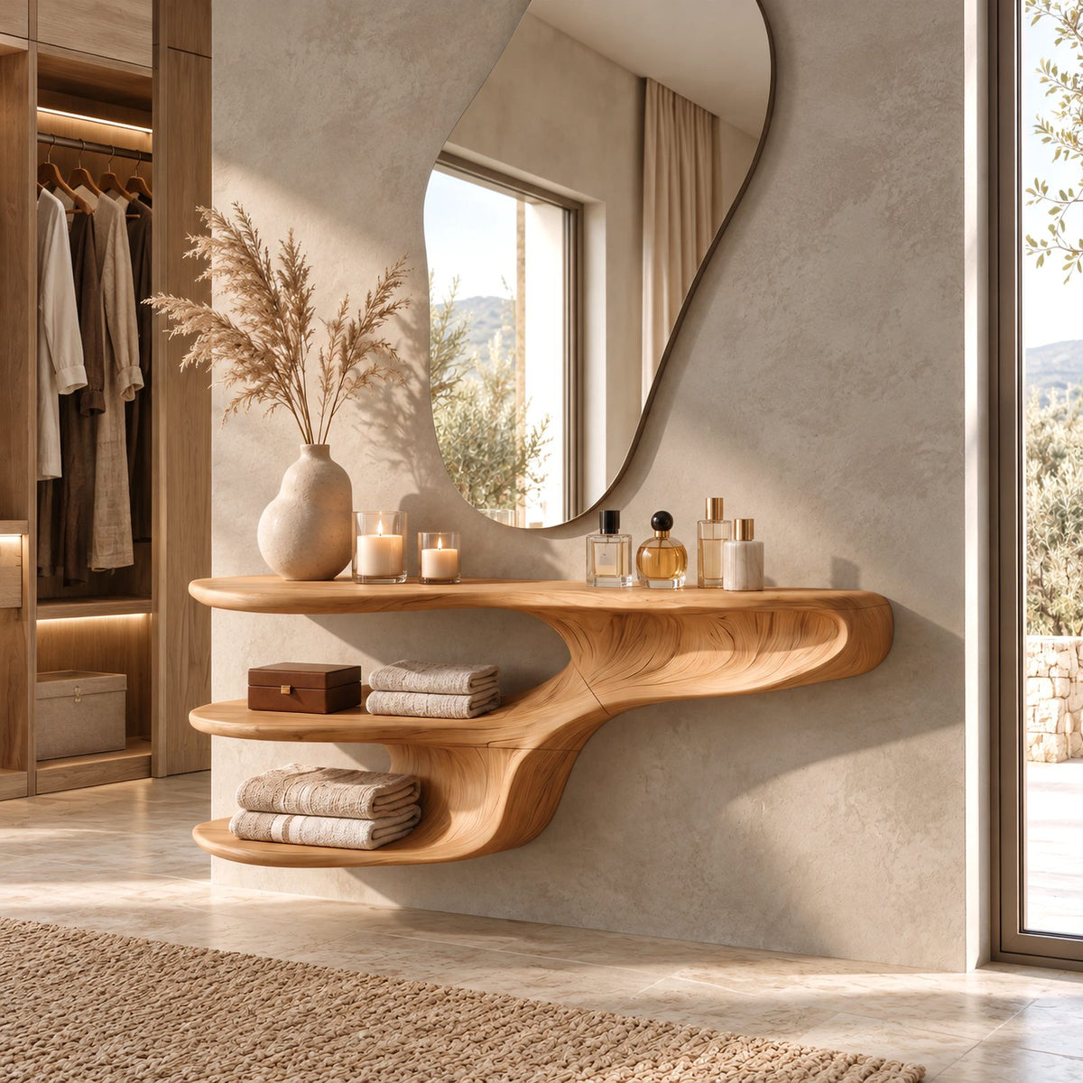 Freeform Wall Mounted Makeup Vanity With 2 Lower Shelves For Bedroom