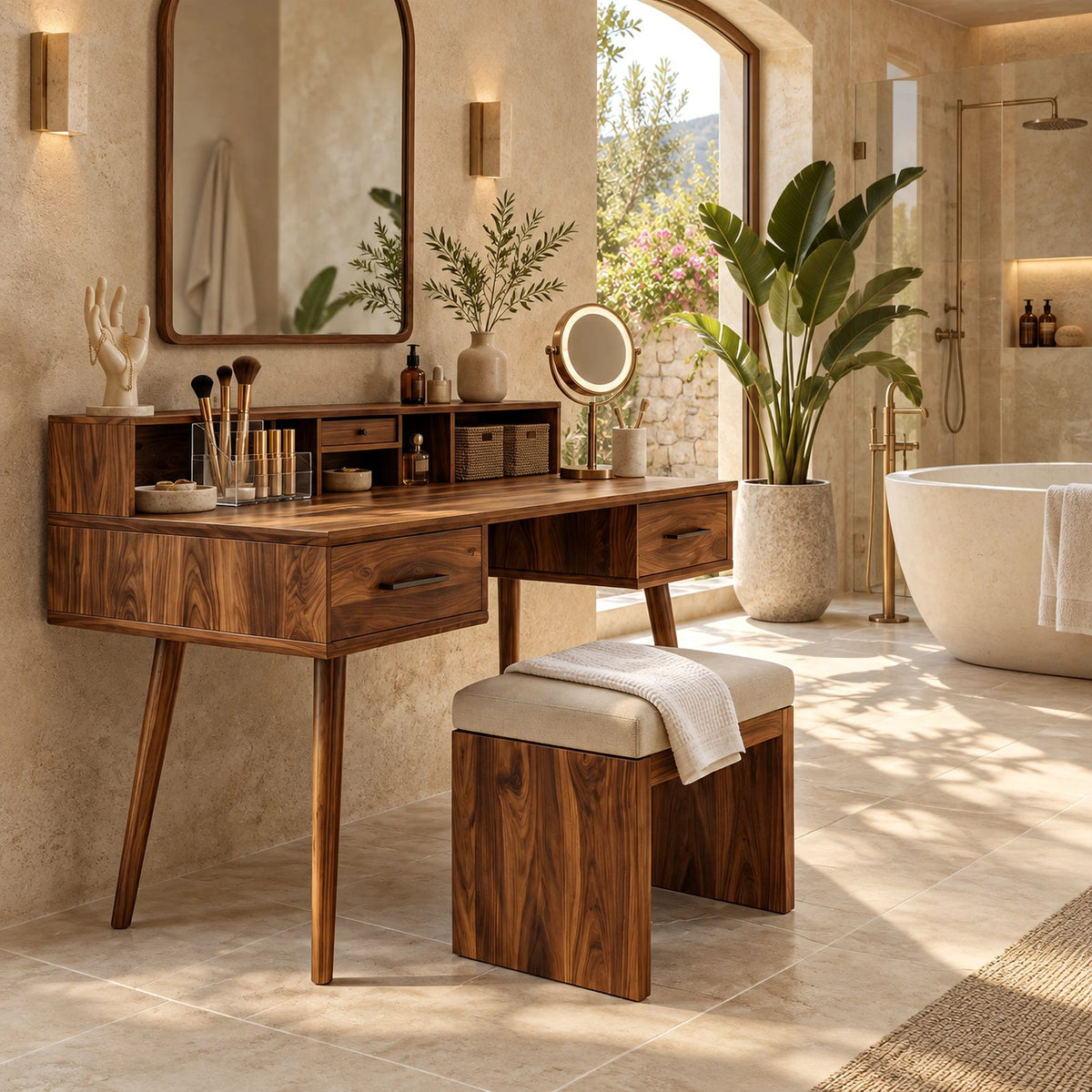 Classic Solid Wood Makeup Vanity Desk With Cubby Hutch For Bedroom