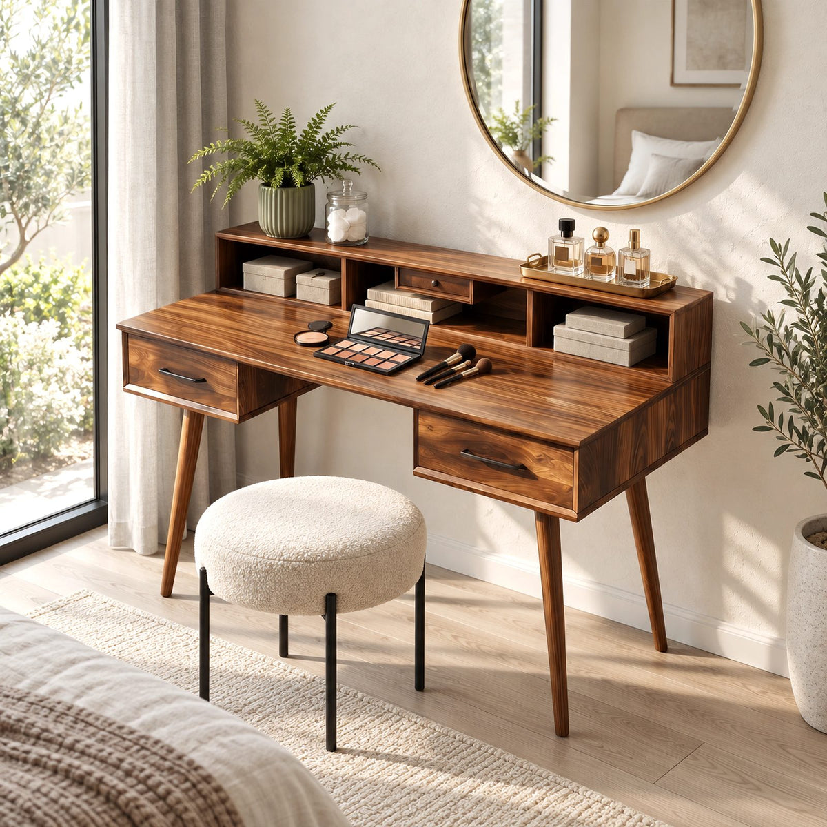 Classic Solid Wood Makeup Vanity Desk With Cubby Hutch For Bedroom