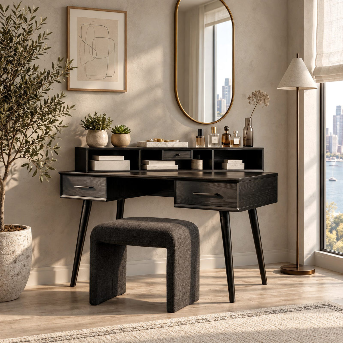 Classic Solid Wood Makeup Vanity Desk With Cubby Hutch For Bedroom