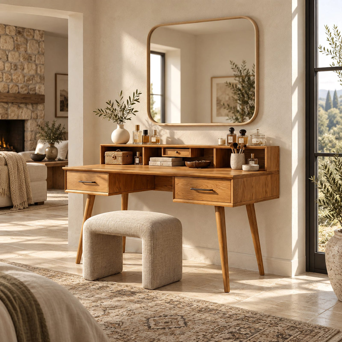 Classic Solid Wood Makeup Vanity Desk With Cubby Hutch For Bedroom