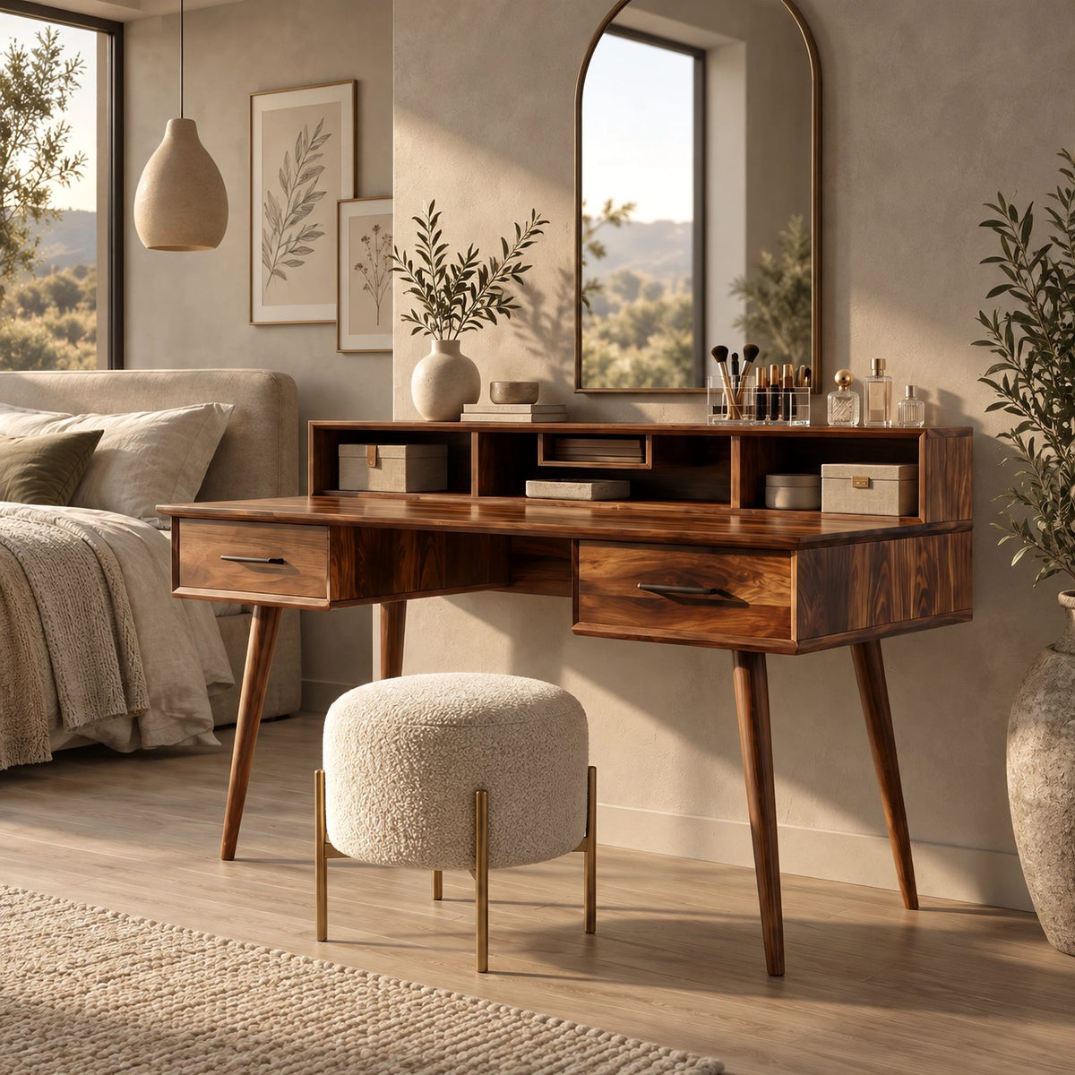 Classic Solid Wood Makeup Vanity Desk With Cubby Hutch For Bedroom