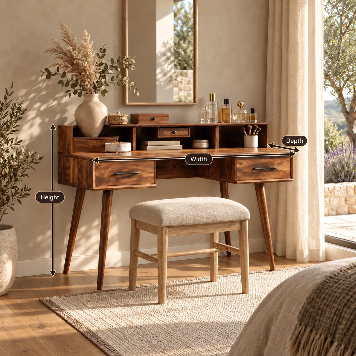 Classic Solid Wood Makeup Vanity Desk With Cubby Hutch For Bedroom