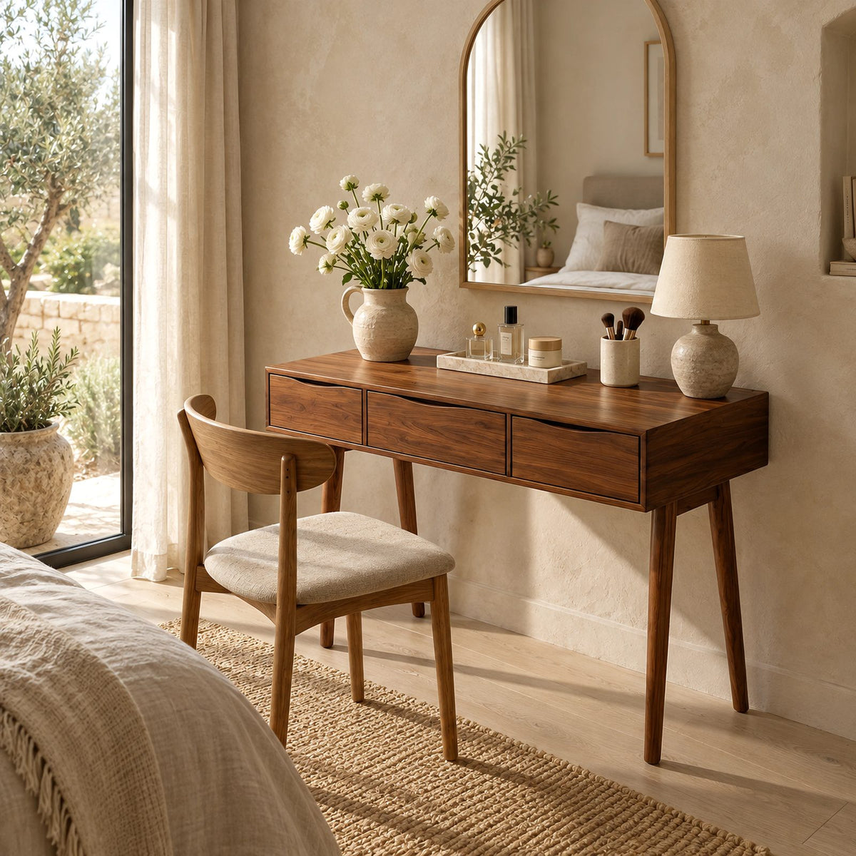 Boho Compact Solid Wood Vanity Table With 3 Drawers For Small Bedroom
