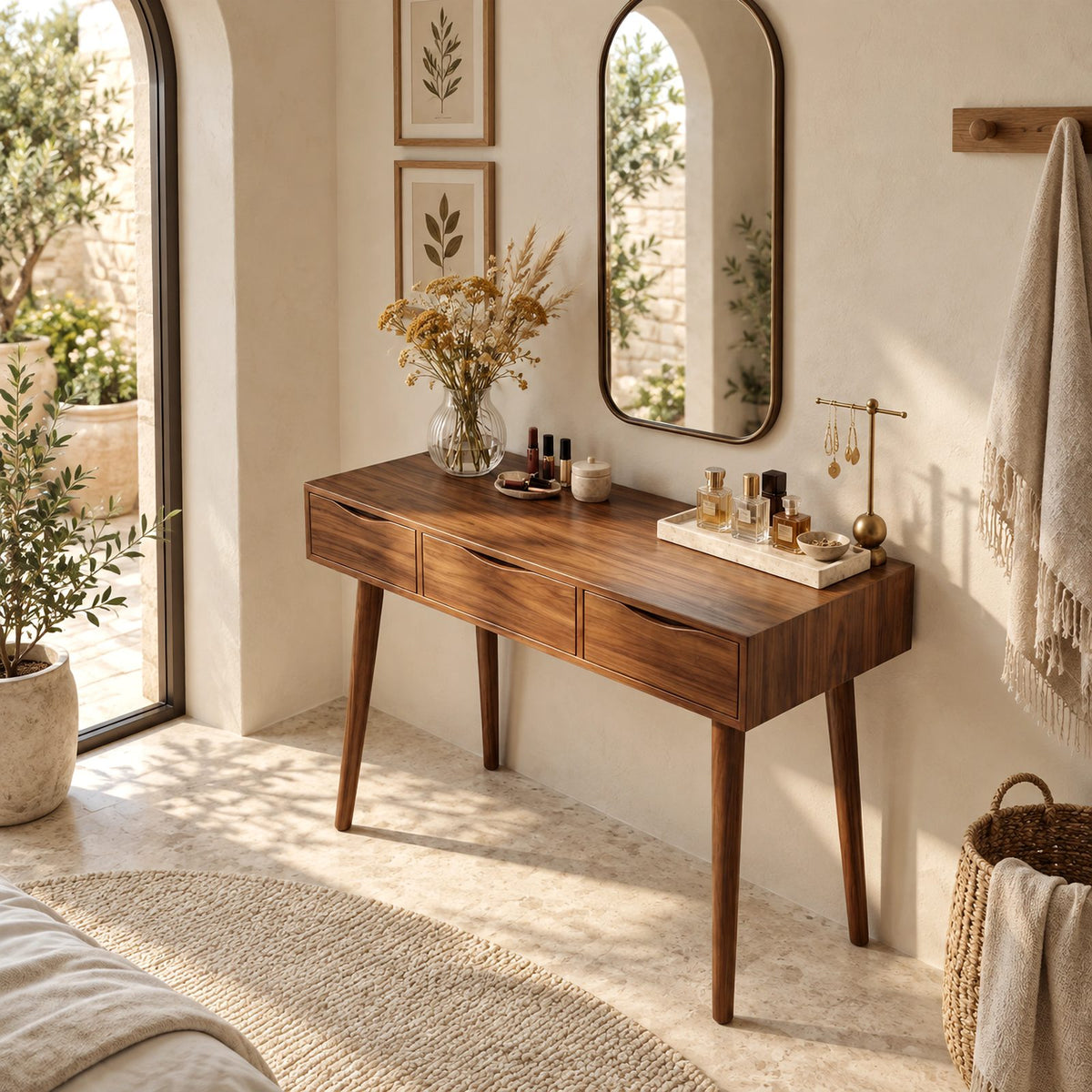 Boho Compact Solid Wood Vanity Table With 3 Drawers For Small Bedroom