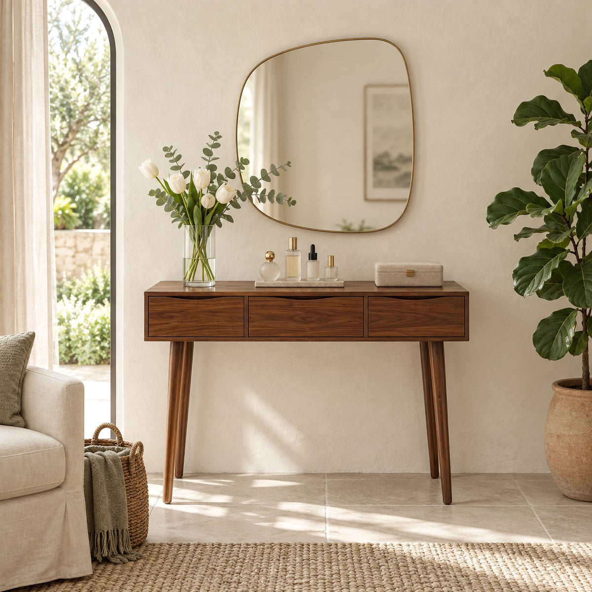 Boho Compact Solid Wood Vanity Table With 3 Drawers For Small Bedroom