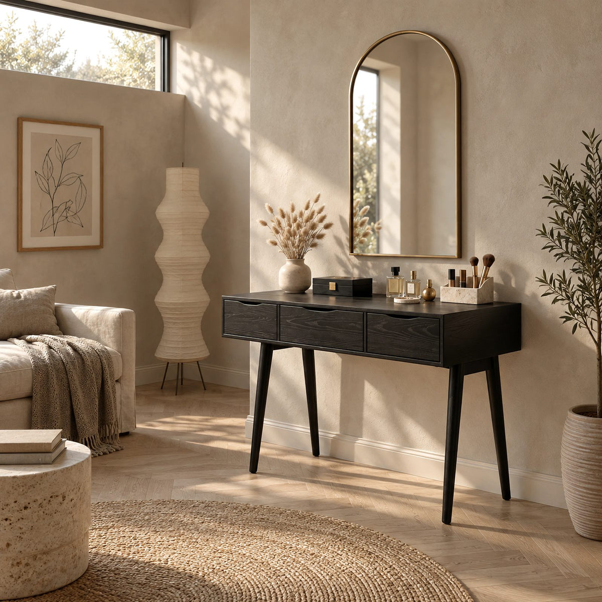 Boho Compact Solid Wood Vanity Table With 3 Drawers For Small Bedroom