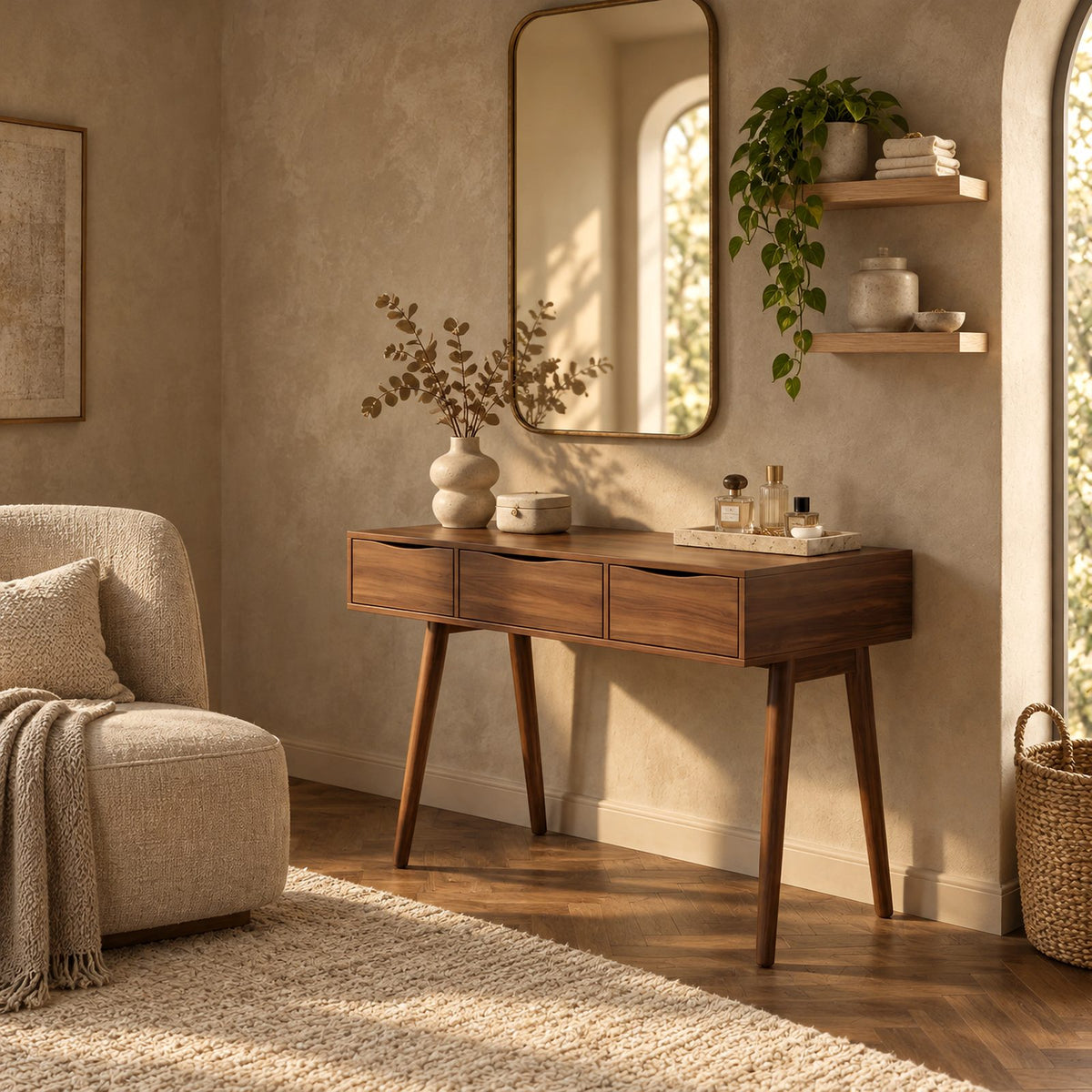 Boho Compact Solid Wood Vanity Table With 3 Drawers For Small Bedroom