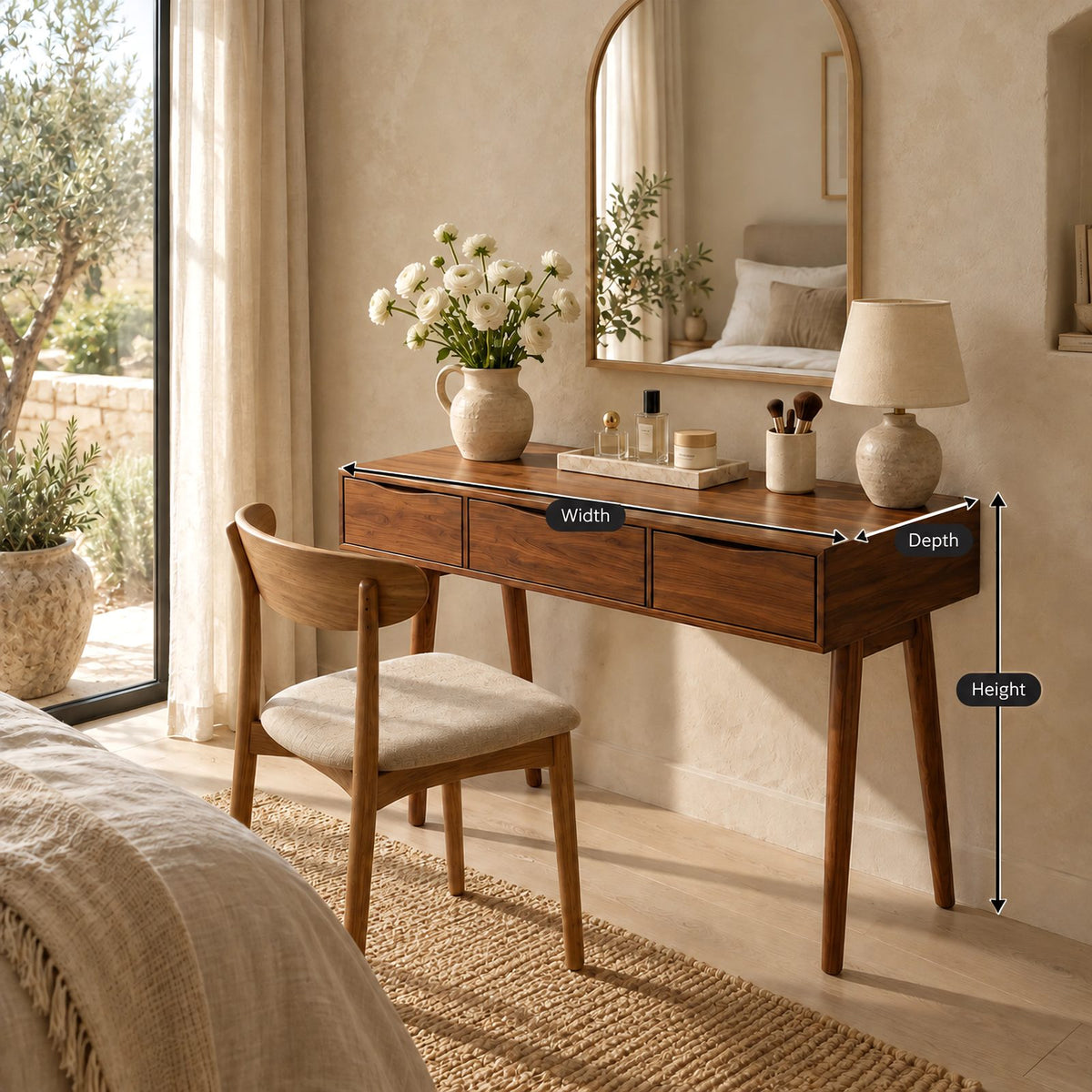 Boho Compact Solid Wood Vanity Table With 3 Drawers For Small Bedroom