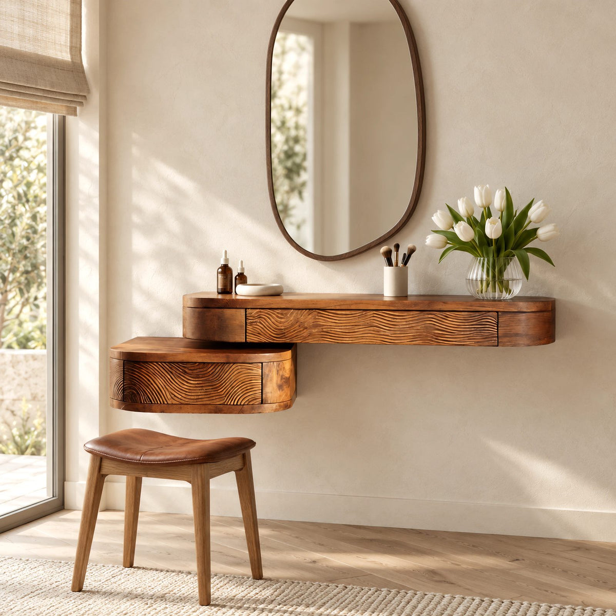 Modern Carved Floating Makeup Vanity With Ripple Drawer Fronts For Bedroom