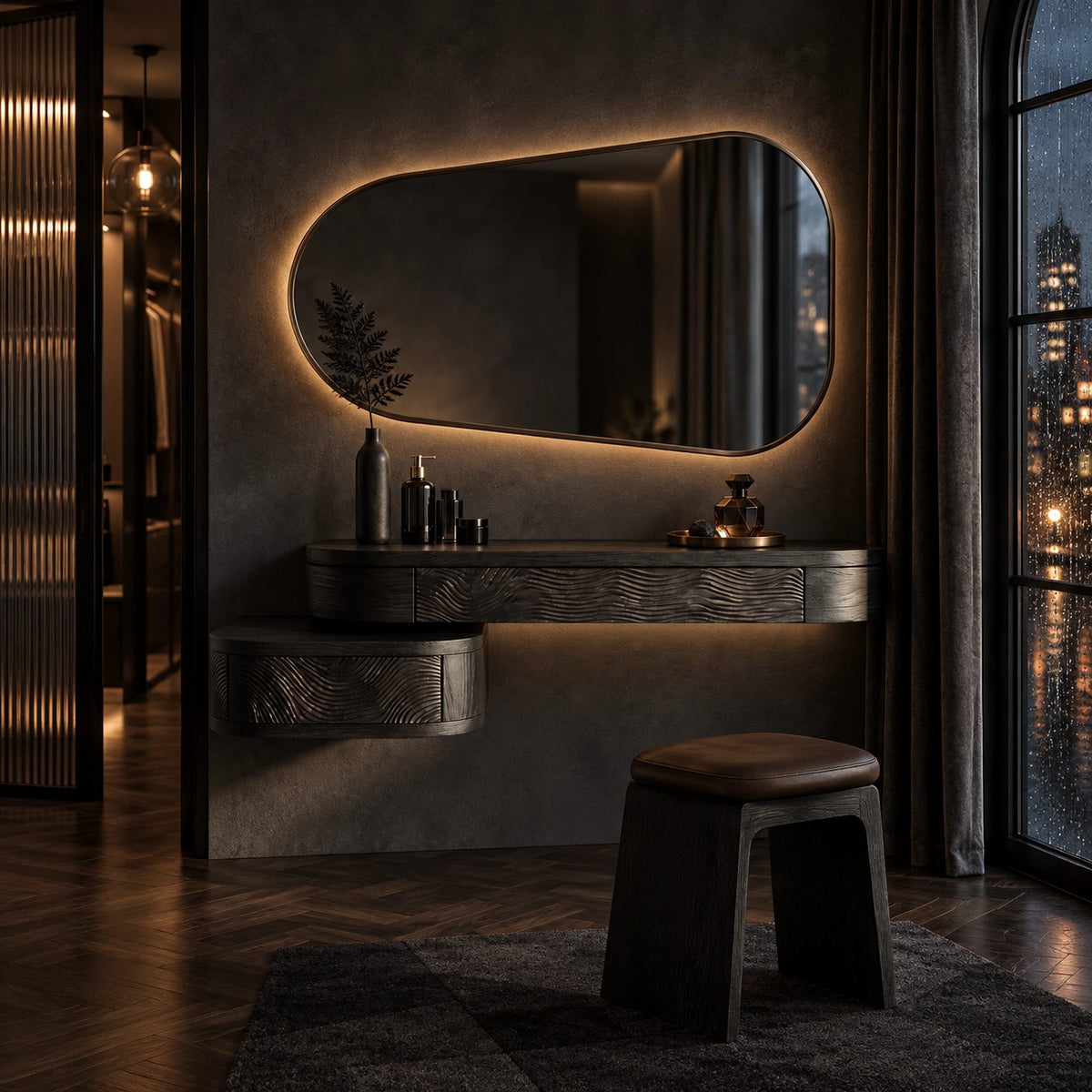 Modern Carved Floating Makeup Vanity With Ripple Drawer Fronts For Bedroom