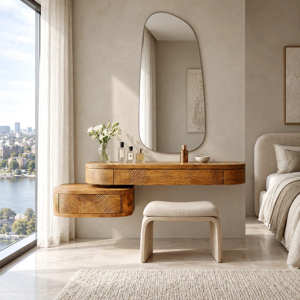 Modern Carved Floating Makeup Vanity With Ripple Drawer Fronts For Bedroom