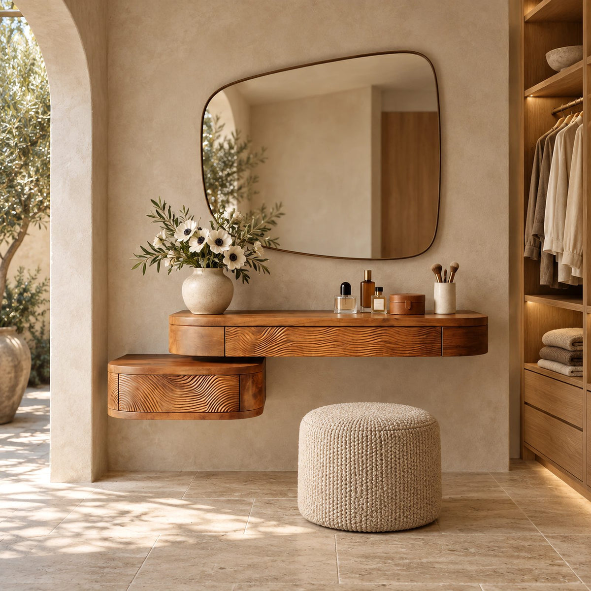 Modern Carved Floating Makeup Vanity With Ripple Drawer Fronts For Bedroom