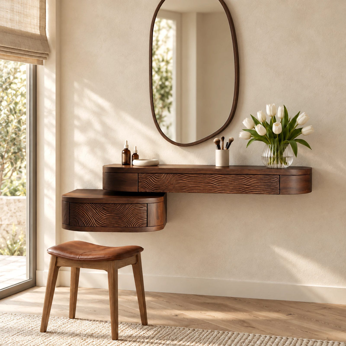 Modern Carved Floating Makeup Vanity With Ripple Drawer Fronts For Bedroom