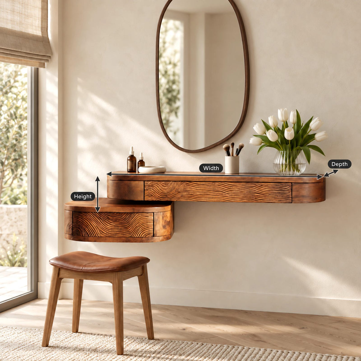 Modern Carved Floating Makeup Vanity With Ripple Drawer Fronts For Bedroom